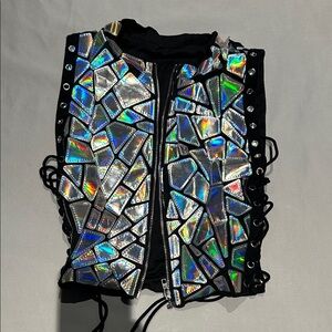 Holographic Geometric Vest with Black Accents - festival or concert vest